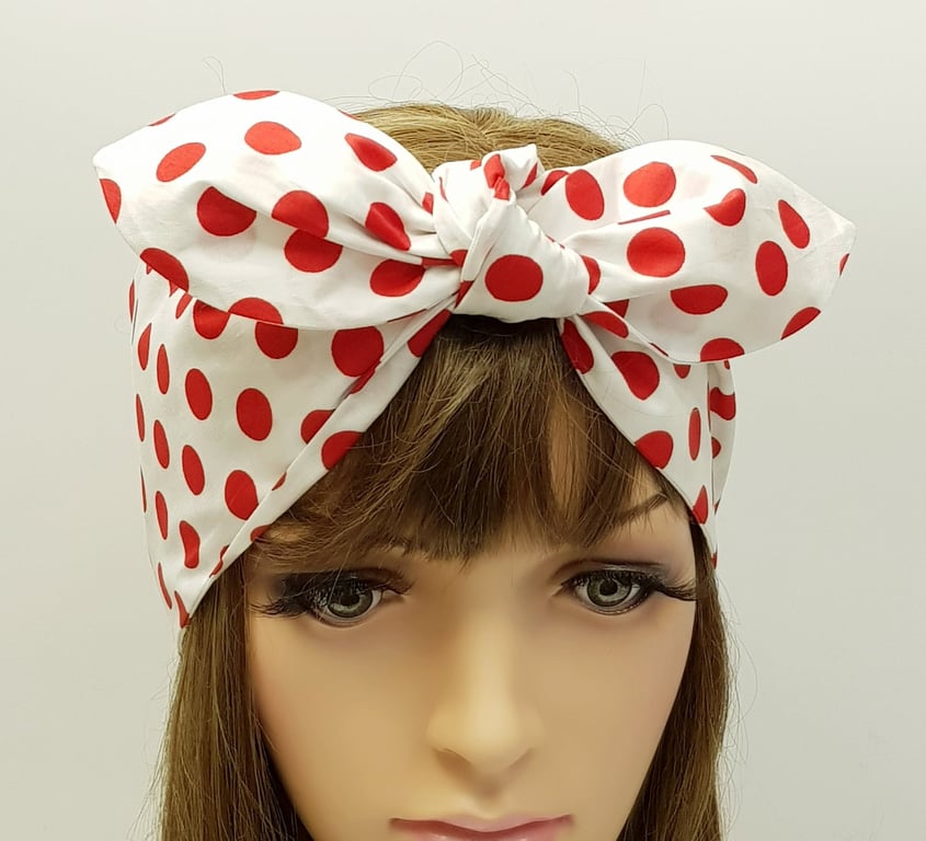 White and red polka dot rockabilly hair tie, wide self tie hair scarf, bandanna