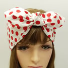 White and red polka dot rockabilly hair tie, wide self tie hair scarf, bandanna