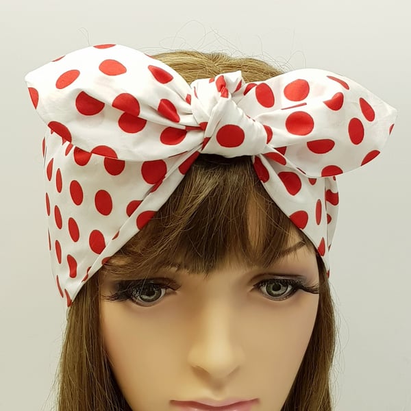White and red polka dot rockabilly hair tie, wide self tie hair scarf, bandanna