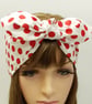 White and red polka dot rockabilly hair tie, wide self tie hair scarf, bandanna