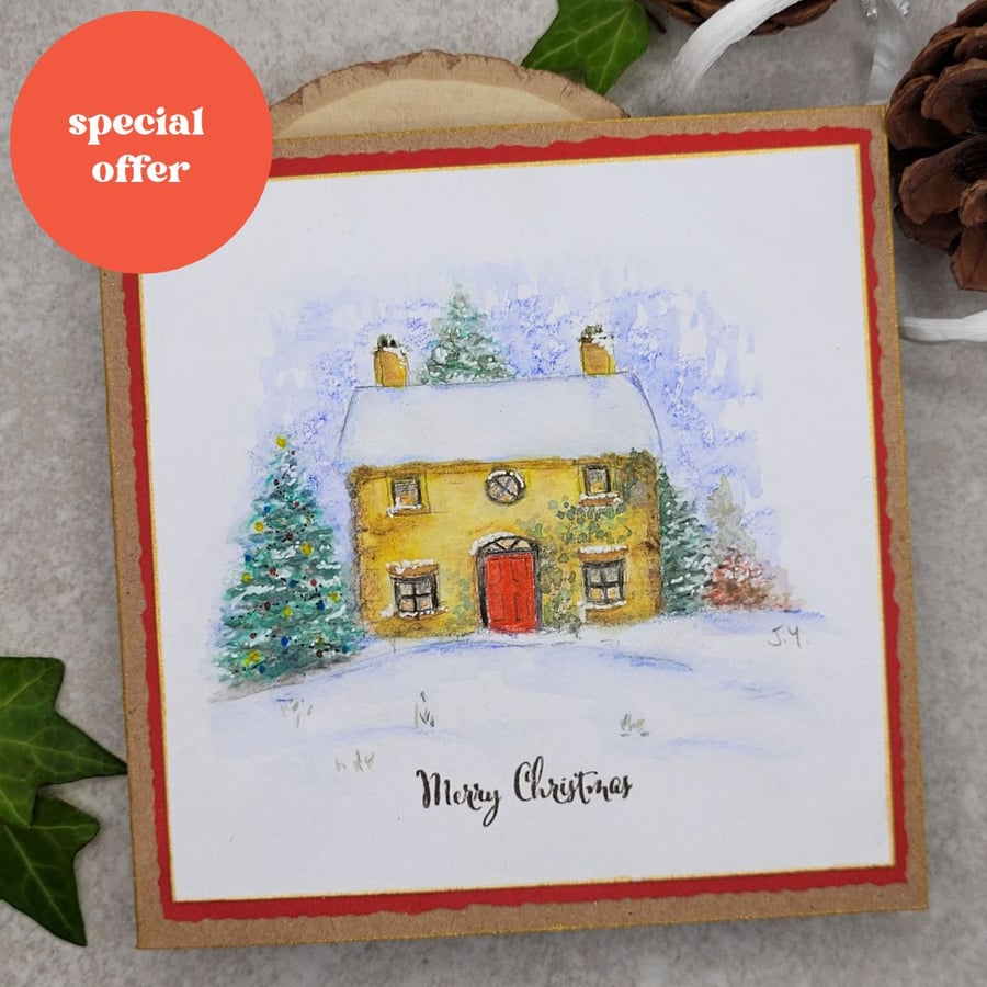 Christmas Card - Handpainted - Cards, Snow, Cottage, Tree, Eco Friendly