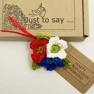 Crochet Red, White and Blue Flower Brooch - Alternative to a Greetings Card 