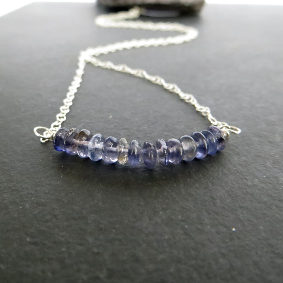 Blue iolite and sterling silver bar pendant, Alternative September birthstone