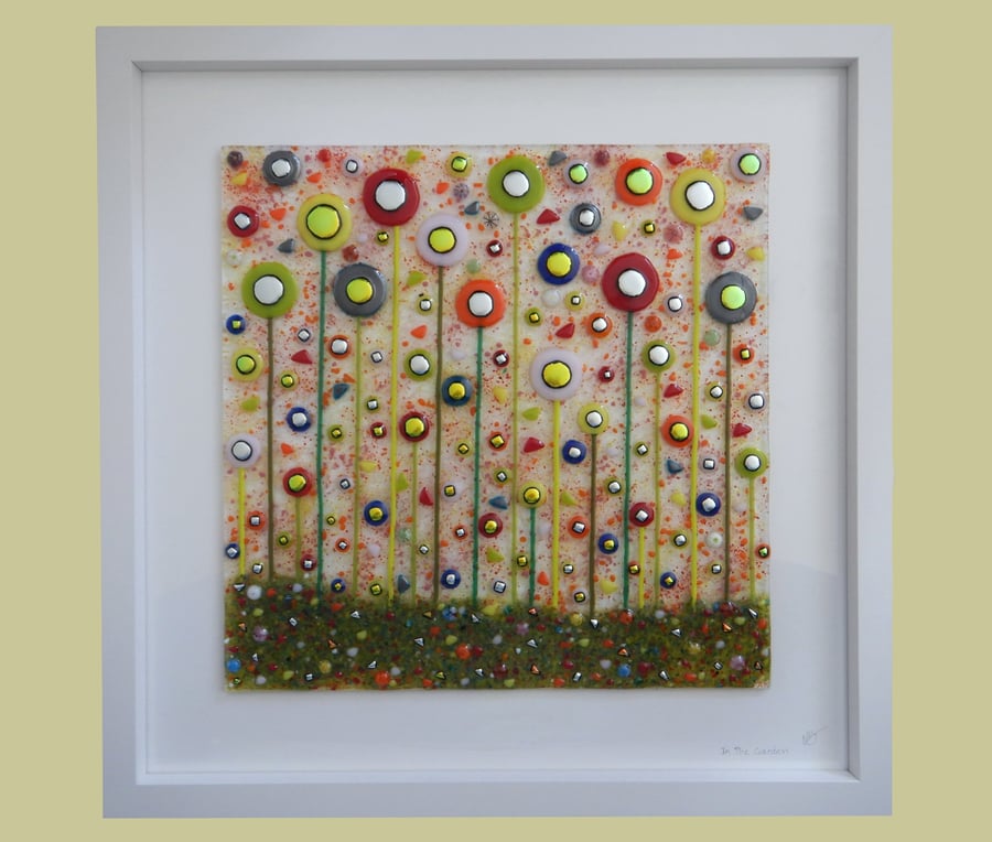 HANDMADE FUSED GLASS 'IN THE GARDEN' PICTURE.