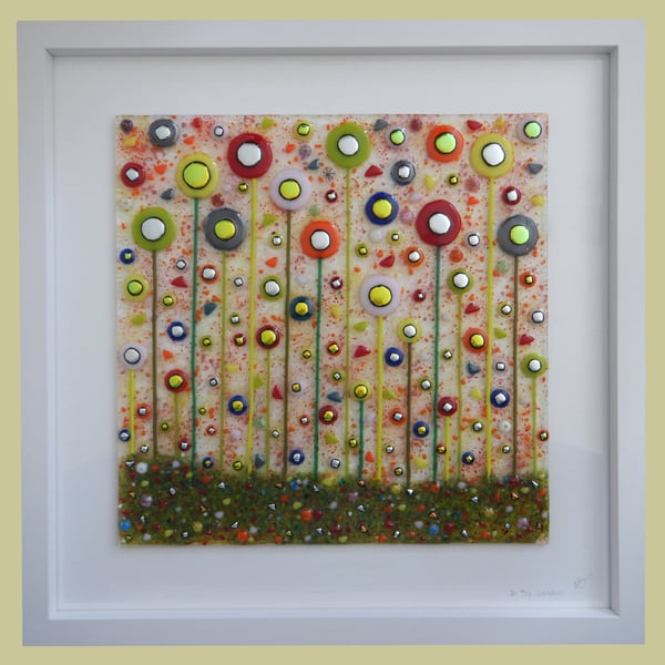 HANDMADE FUSED GLASS 'IN THE GARDEN' PICTURE.