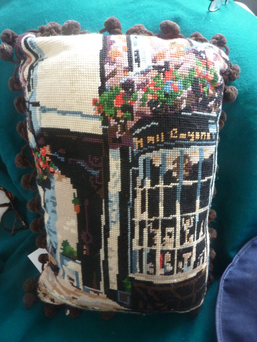 Lovely Hand Sewn Wool Tapestry Cushion Old Fashioned Shop Bay Window Bobble Trim