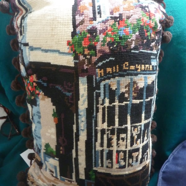 Lovely Hand Sewn Wool Tapestry Cushion Old Fashioned Shop Bay Window Bobble Trim