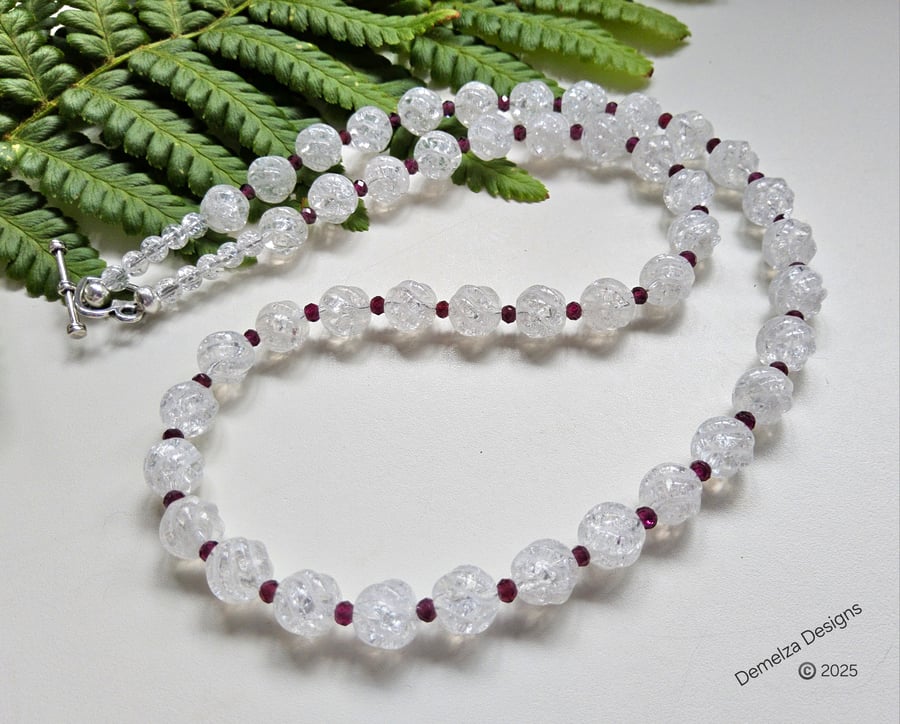 Designer White Crackle Quartz & Rhodolite Garnet Necklace 