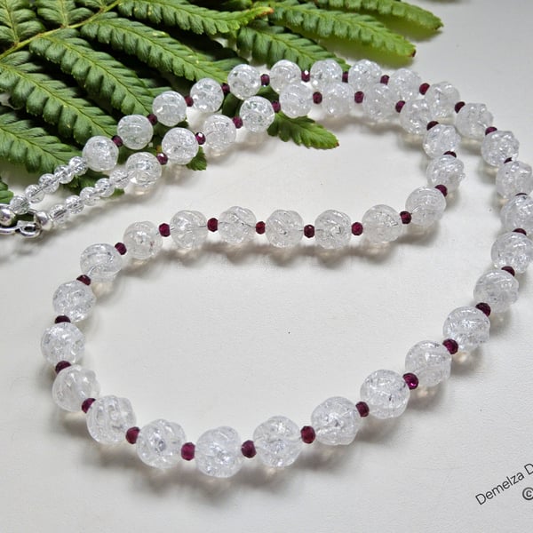 Designer White Crackle Quartz & Rhodolite Garnet Necklace 