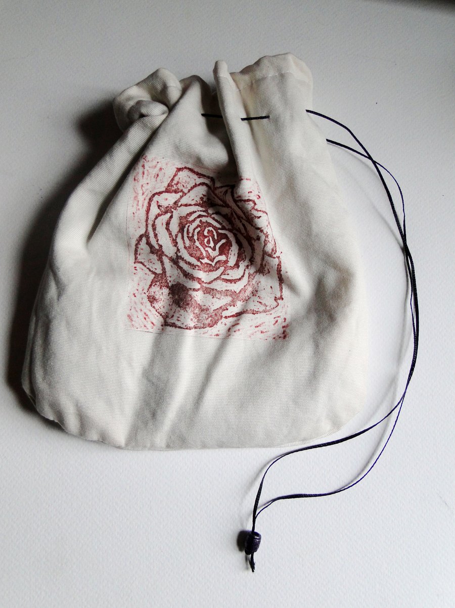 Sale Hand Printed Rose Flower Cream Drawstring Bag Purse