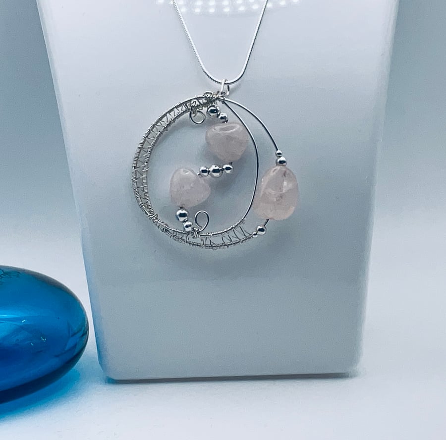 Silky Rose Quartz Triple Heart Pendant