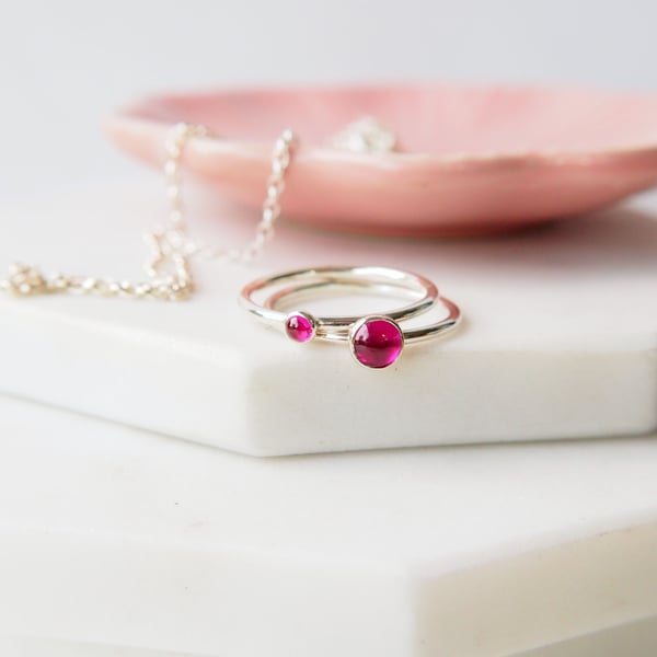Lab Ruby and Silver Double Ring Set - Birthstone for July