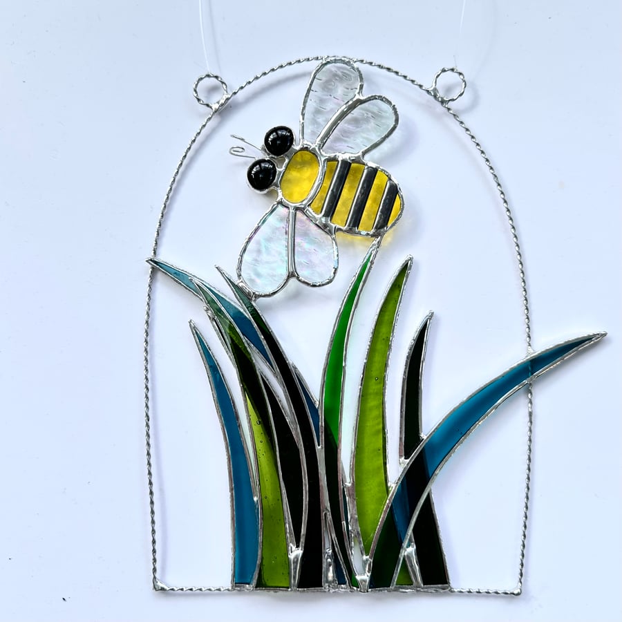 Stained Glass Bee over Grass Suncatcher 2 - Handmade Window Decoration 