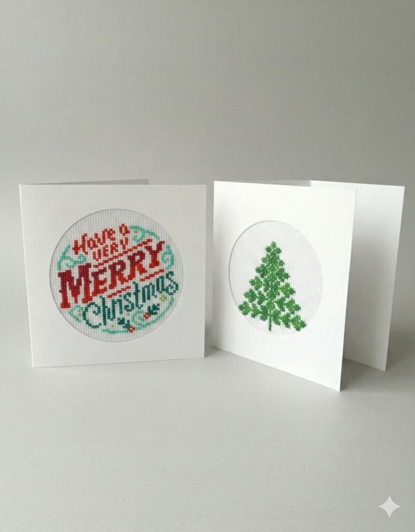 Set of 2 Embroidered Christmas Cards– Festive Tree & Merry Wishes Design