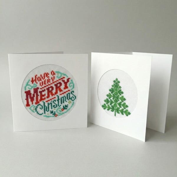 Set of 2 Embroidered Christmas Cards– Festive Tree & Merry Wishes Design