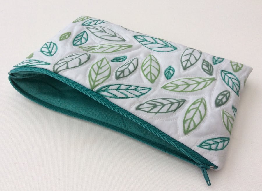 Make up bag, zipped bag for cosmetics, hand drawn pattern, leaves