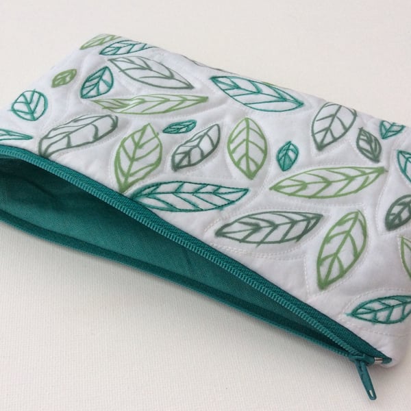 Make up bag, zipped bag for cosmetics, hand drawn pattern, leaves