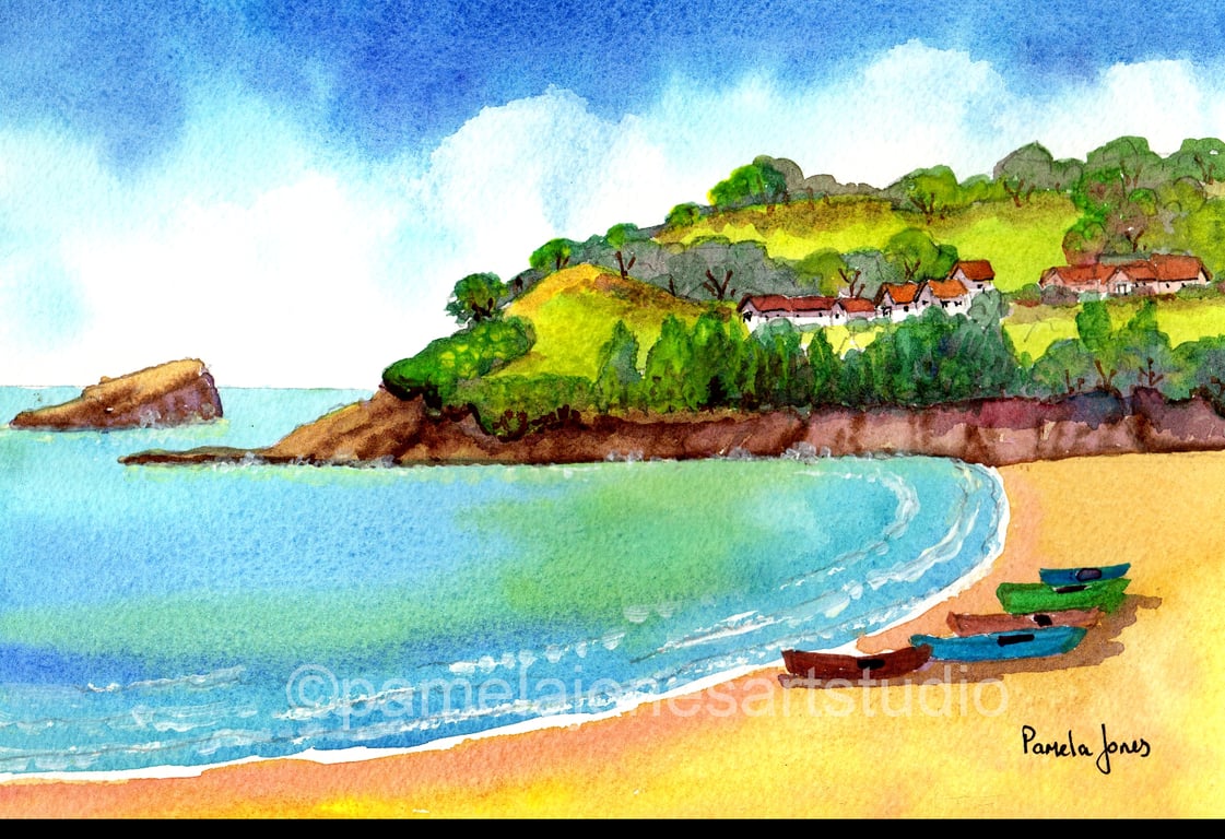 Combe Martin Bay 2, Devon, Watercolour Print in 14 x 11'' Mount