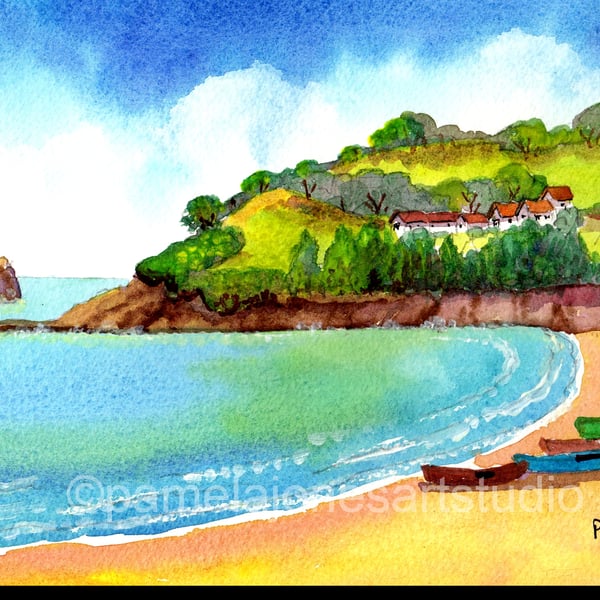 Combe Martin Bay 2, Devon, Watercolour Print in 14 x 11'' Mount