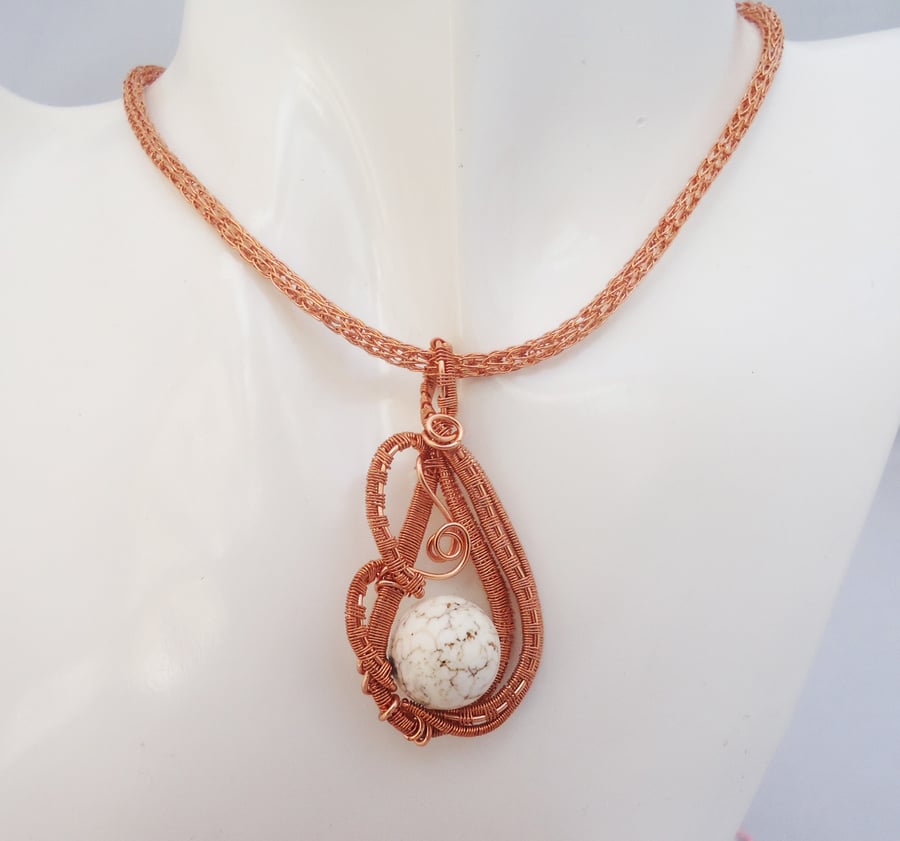Howlite Wire Wrapped pendant, White Gemstone Pendant and Viking Knit Chain