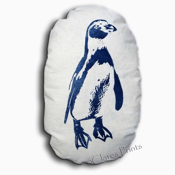 Sale Penguin Cream Stuffie Cushion Hand Printed Linocut Handmade