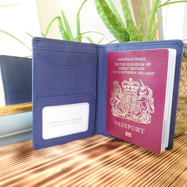 Blue Leather Passport Cover, Blue Passport Case, Leather Travel Wallet