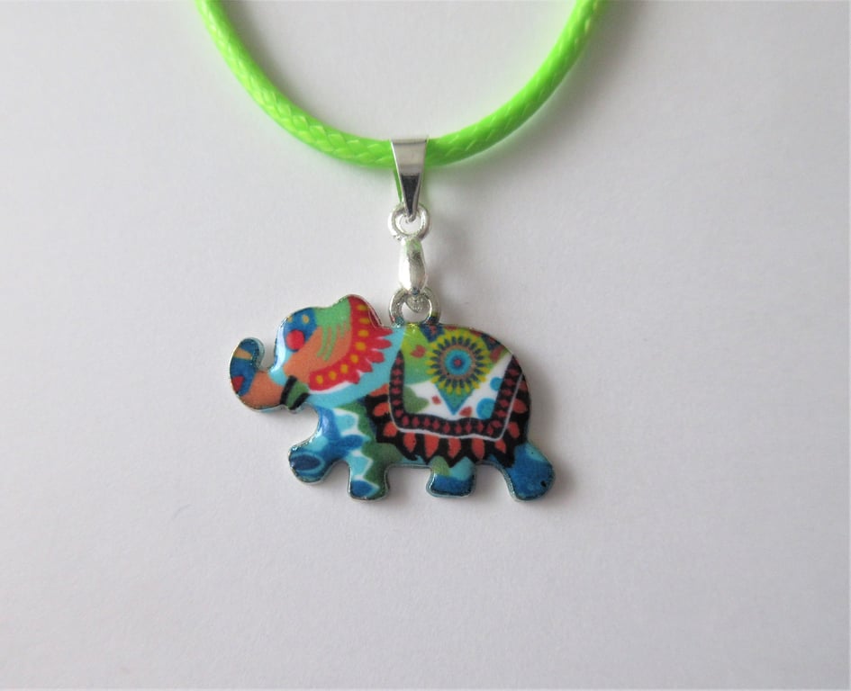Owl Necklace Lime Green Cord with Cute Elephant Charm