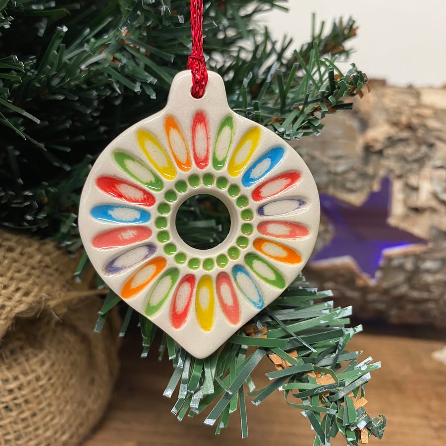Pottery Bauble rainbow colours bright Christmas decoration