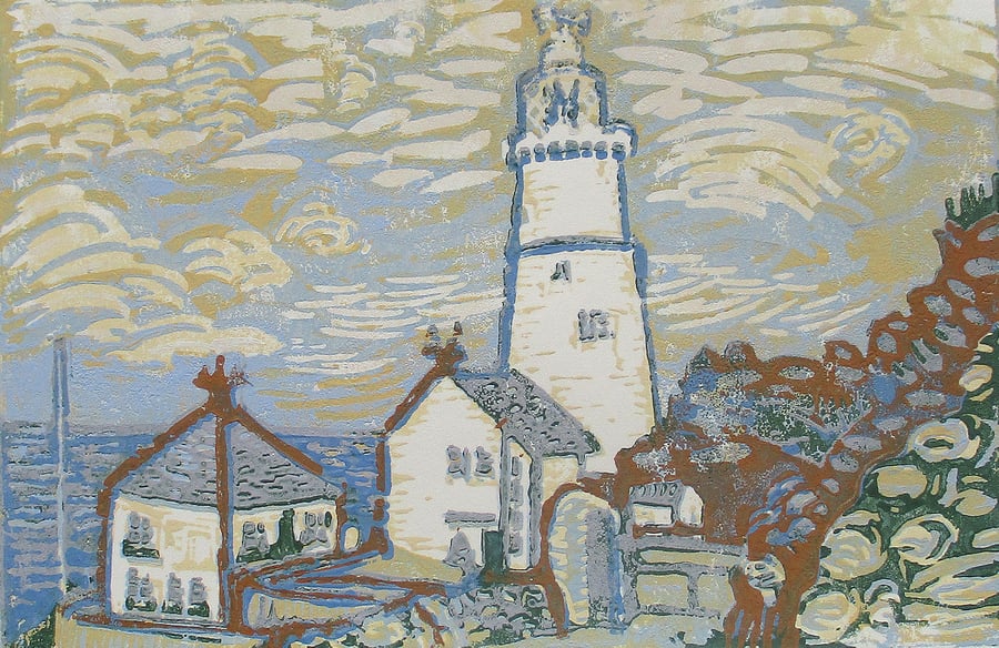 Start Point Lighthouse, Devon - Original Linocut Print Hand Pressed Ltd Edition