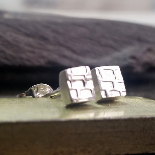 SILVER BRICK DESIGN STUDS Recycled Sterling Silver Brick Design Stud earrings 