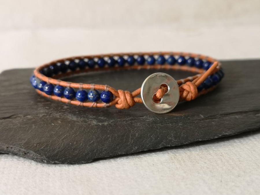 Lapis lazuli and leather bracelet, semi precious, September birthstone 