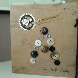 Male personalised initial button card 