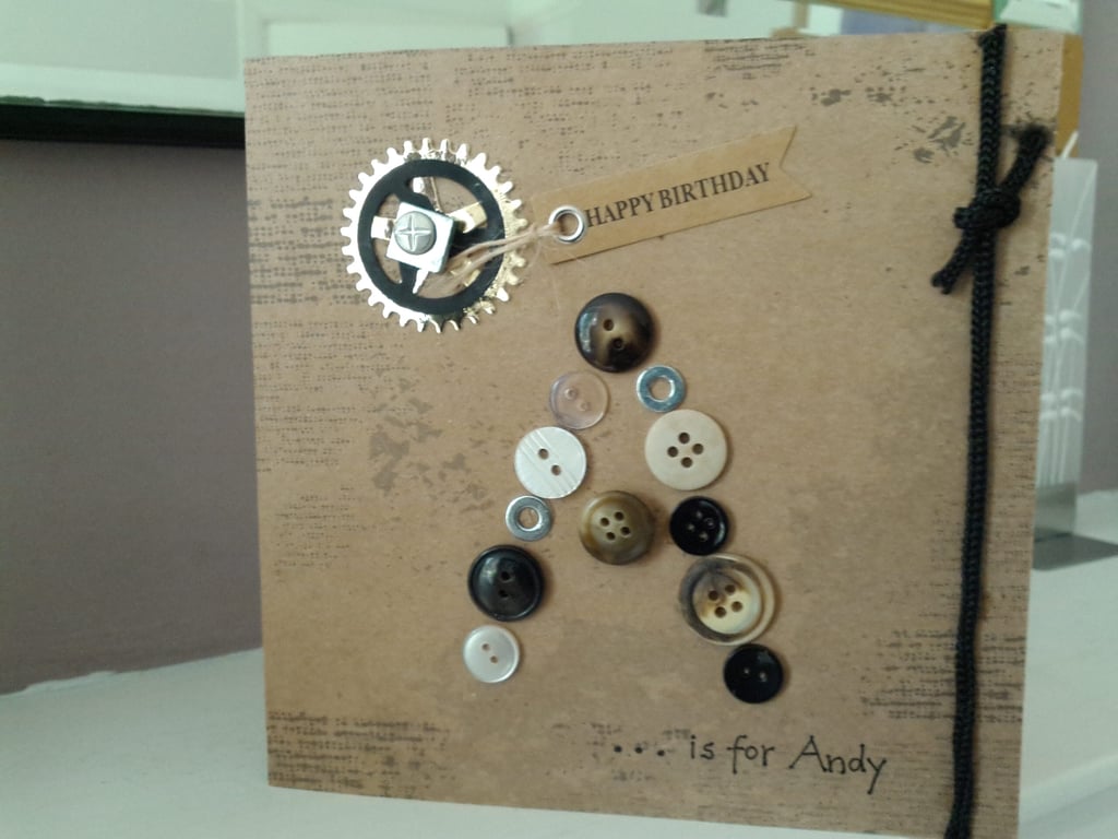 Male personalised initial button card 