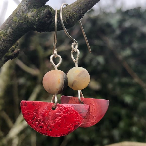  Red Half Moon Earrings with Amazonite Beads