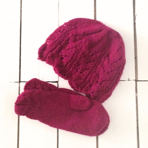 Beautiful Bundle Dark Magenta Aran Hand Knit Hat and Mitten Set - Free Post