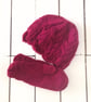 Beautiful Bundle Dark Magenta Aran Hand Knit Hat and Mitten Set - Free Post - Image 1