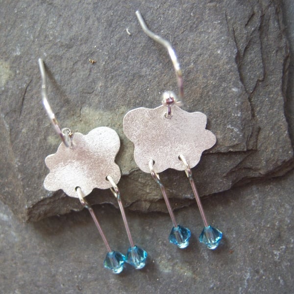 Cloud earrings in sterling silver with crystal raindrops