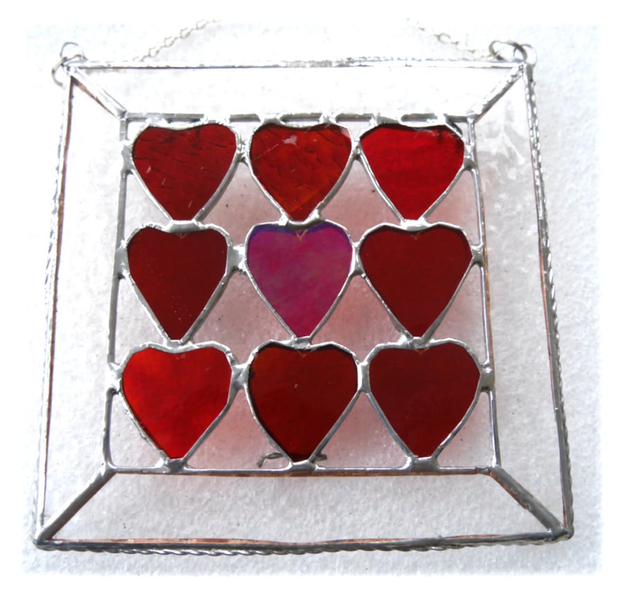 9 of Hearts Suncatcher Stained Glass Framed 016 Reds