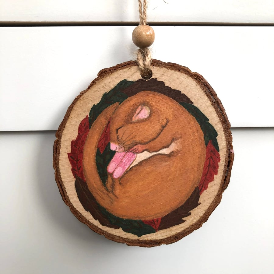 Dormouse hand painted wood slice hanging decoration 