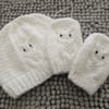 REDUCED White Owl Beanie & Mittens set  3-6 months