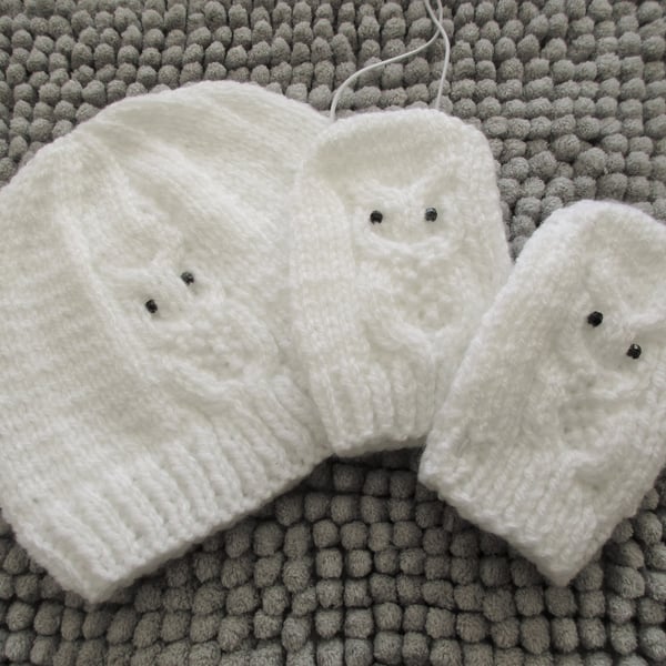 REDUCED White Owl Beanie & Mittens set  3-6 months