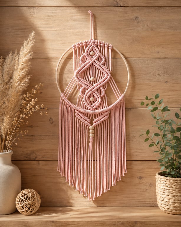 Soft Peach Macramé Wall Hanging – Handmade Boho Wall Decor with Wooden Beads