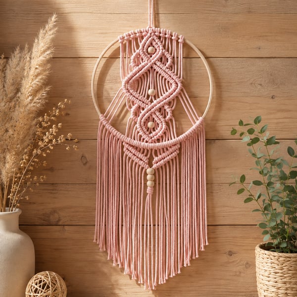Soft Peach Macramé Wall Hanging – Handmade Boho Wall Decor with Wooden Beads