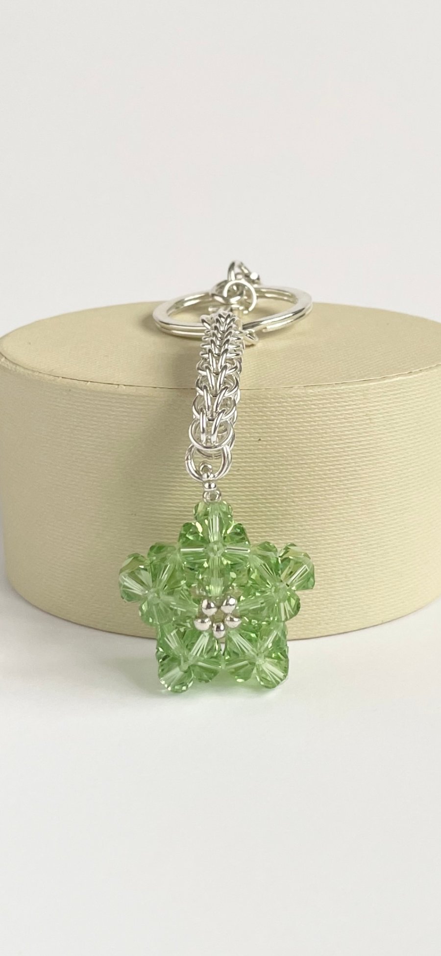 Handbag Charm, Green Peridot Crystal Star, with a Chainmaille Chain and Keyring