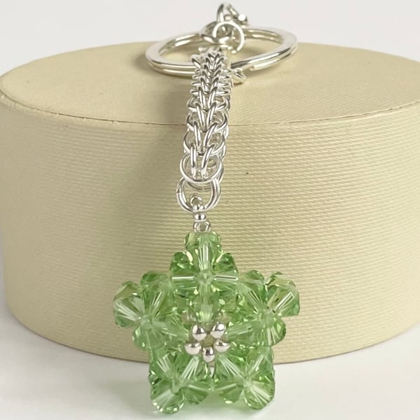 Handbag Charm, Green Peridot Crystal Star, with a Chainmaille Chain and Keyring