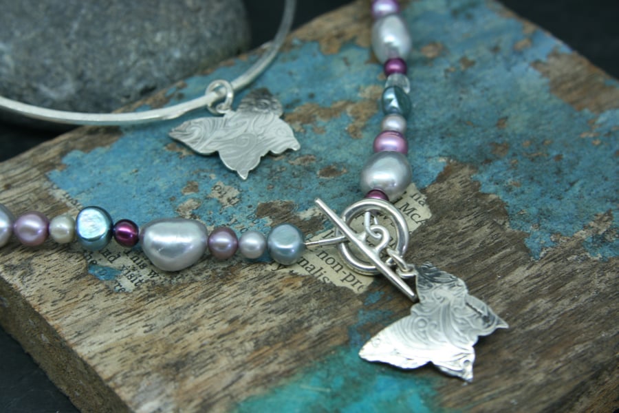 Butterfly necklace and bangle charm set