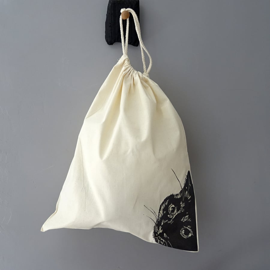 Black Cat Drawstring Bag - Re-Usable Cotton Bag