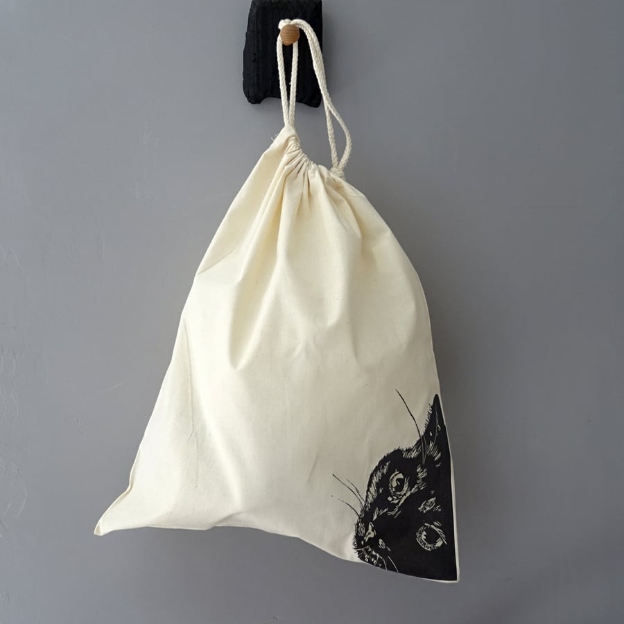 Black Cat Drawstring Bag - Re-Usable Cotton Bag, cute cat, cat lover, storage