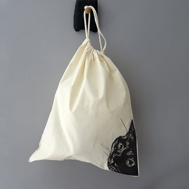 Black Cat Drawstring Bag - Re-Usable Cotton Bag, cute cat, cat lover, storage