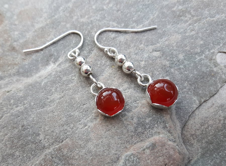 Sterling Silver drop Earrings with Red Carnelian Cabochons